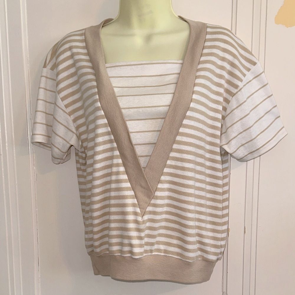 Vtg  70s/80s‎ Koret Tan & White Striped V-Neck Knit Top with ribbed stretchy hem